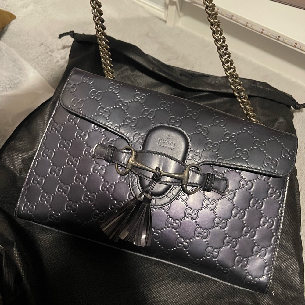 Gucci Emily Metallic Gray GG Embossed Leather Shoulder Bag with Chain Strap